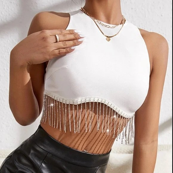 SHEIN | Tops | White Crop Top With Rhinestone Fringe | Poshmark